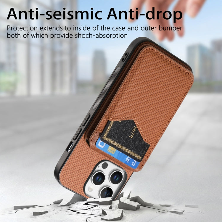 For iPhone 16 Pro Carbon Fiber MagSafe Vertical Flip Card Bag Phone Case(Brown) - iPhone 16 Pro Cases by buy2fix | Online Shopping UK | buy2fix