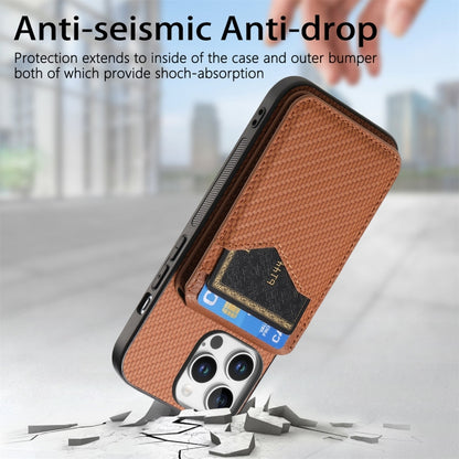 For iPhone 16 Pro Carbon Fiber MagSafe Vertical Flip Card Bag Phone Case(Brown) - iPhone 16 Pro Cases by buy2fix | Online Shopping UK | buy2fix