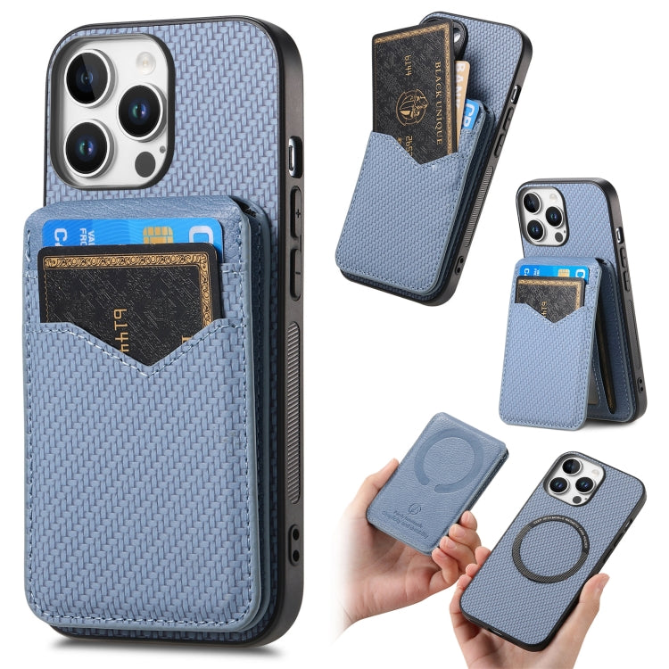 For iPhone 16 Pro Max Carbon Fiber MagSafe Vertical Flip Card Bag Phone Case(Blue) - iPhone 16 Pro Max Cases by buy2fix | Online Shopping UK | buy2fix