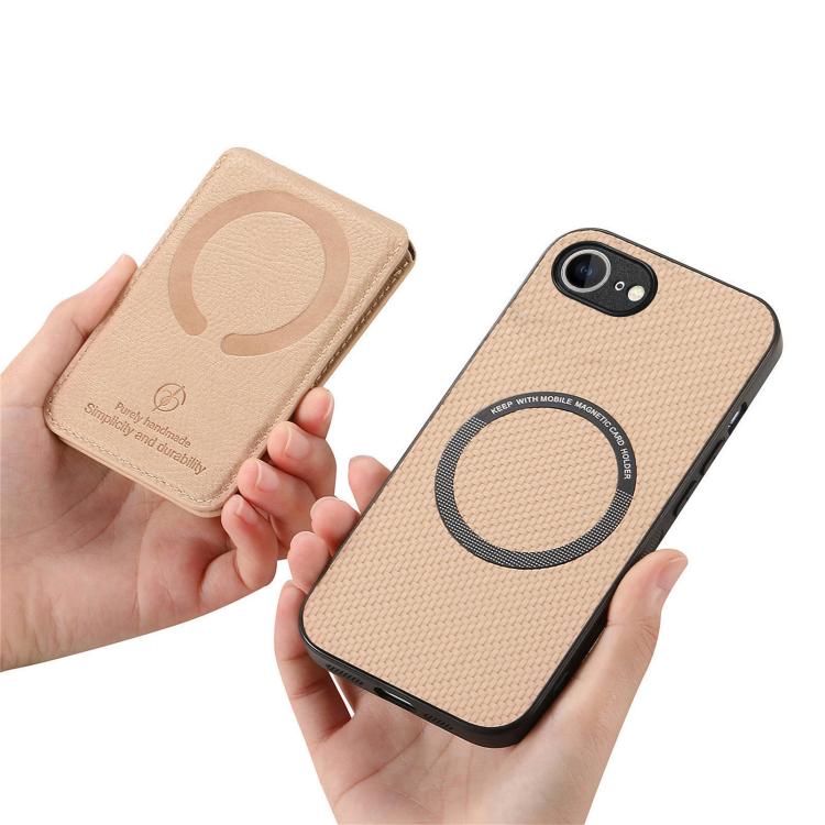 For iPhone 16e Carbon Fiber MagSafe Vertical Flip Card Bag Phone Case(Khaki) - iPhone 16e Cases by buy2fix | Online Shopping UK | buy2fix