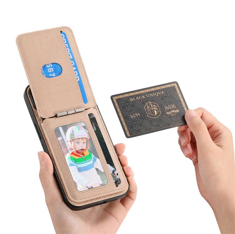 For iPhone 16e Carbon Fiber MagSafe Vertical Flip Card Bag Phone Case(Khaki) - iPhone 16e Cases by buy2fix | Online Shopping UK | buy2fix