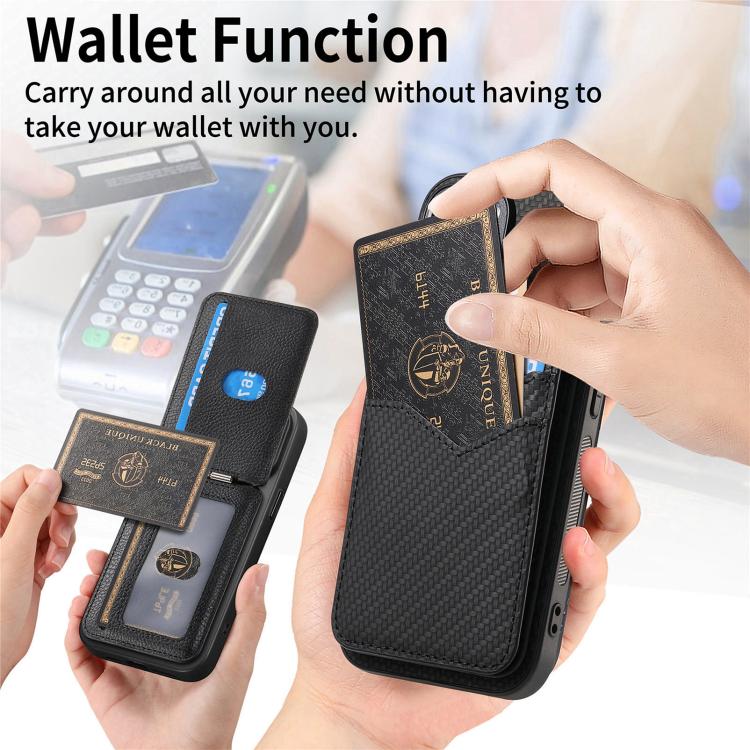 For iPhone 16e Carbon Fiber MagSafe Vertical Flip Card Bag Phone Case(Black) - iPhone 16e Cases by buy2fix | Online Shopping UK | buy2fix