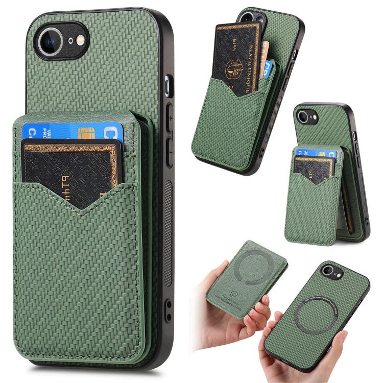For iPhone 16e Carbon Fiber MagSafe Vertical Flip Card Bag Phone Case(Green) - iPhone 16e Cases by buy2fix | Online Shopping UK | buy2fix