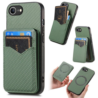 For iPhone 16e Carbon Fiber MagSafe Vertical Flip Card Bag Phone Case(Green) - iPhone 16e Cases by buy2fix | Online Shopping UK | buy2fix