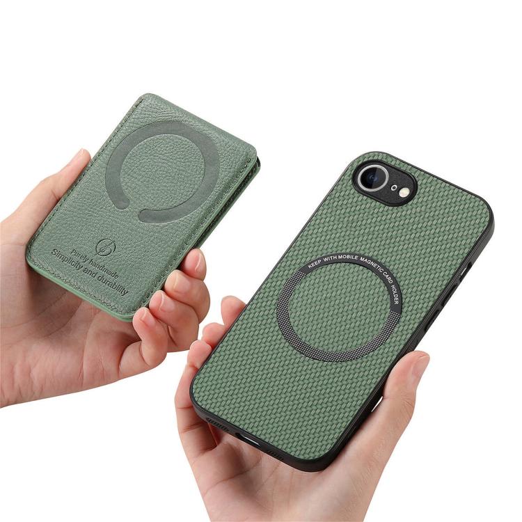 For iPhone 16e Carbon Fiber MagSafe Vertical Flip Card Bag Phone Case(Green) - iPhone 16e Cases by buy2fix | Online Shopping UK | buy2fix