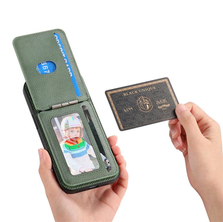 For iPhone 16e Carbon Fiber MagSafe Vertical Flip Card Bag Phone Case(Green) - iPhone 16e Cases by buy2fix | Online Shopping UK | buy2fix