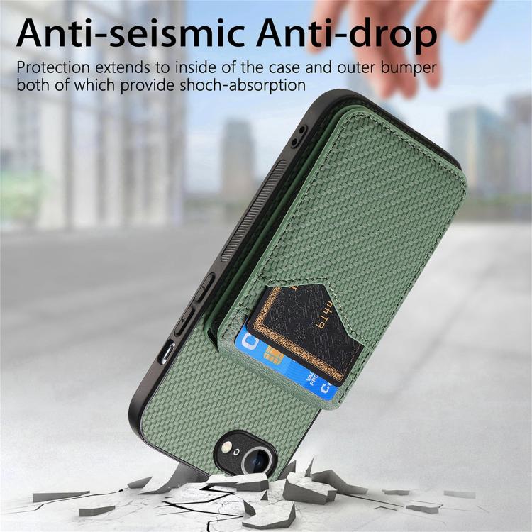 For iPhone 16e Carbon Fiber MagSafe Vertical Flip Card Bag Phone Case(Green) - iPhone 16e Cases by buy2fix | Online Shopping UK | buy2fix