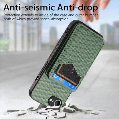 For iPhone 16e Carbon Fiber MagSafe Vertical Flip Card Bag Phone Case(Green) - iPhone 16e Cases by buy2fix | Online Shopping UK | buy2fix
