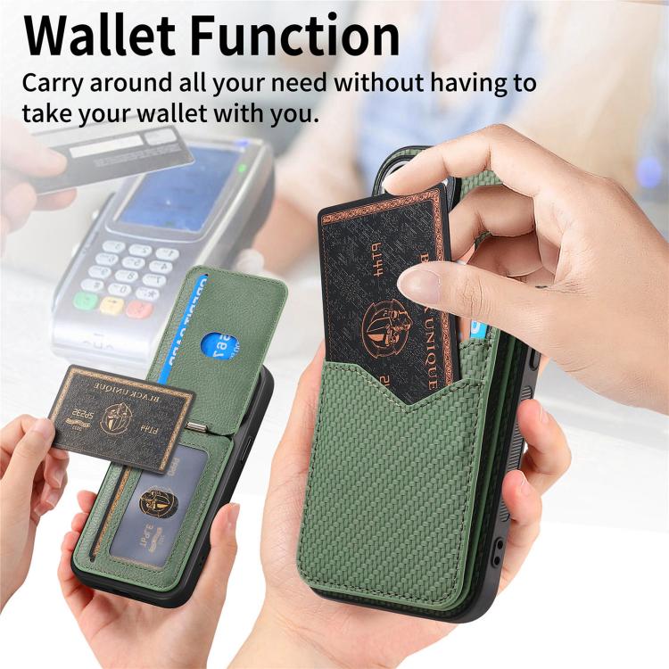 For iPhone 16e Carbon Fiber MagSafe Vertical Flip Card Bag Phone Case(Green) - iPhone 16e Cases by buy2fix | Online Shopping UK | buy2fix