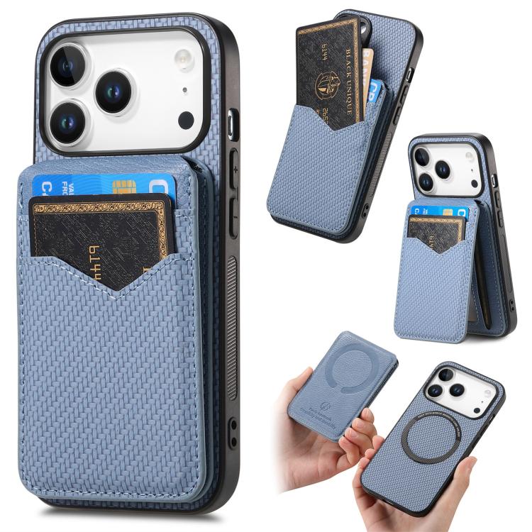 For iPhone 17 Pro Carbon Fiber MagSafe Vertical Flip Card Bag Phone Case(Blue) - iPhone 17 Pro Cases by buy2fix | Online Shopping UK | buy2fix