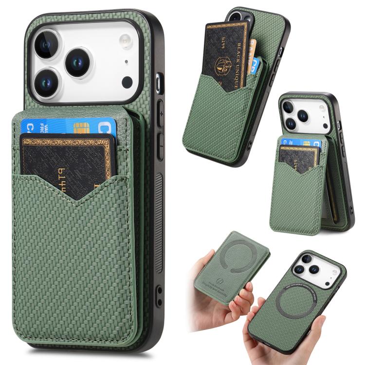 For iPhone 17 Pro Carbon Fiber MagSafe Vertical Flip Card Bag Phone Case(Green) - iPhone 17 Pro Cases by buy2fix | Online Shopping UK | buy2fix