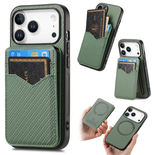 For iPhone 17 Pro Carbon Fiber MagSafe Vertical Flip Card Bag Phone Case(Green) - iPhone 17 Pro Cases by buy2fix | Online Shopping UK | buy2fix