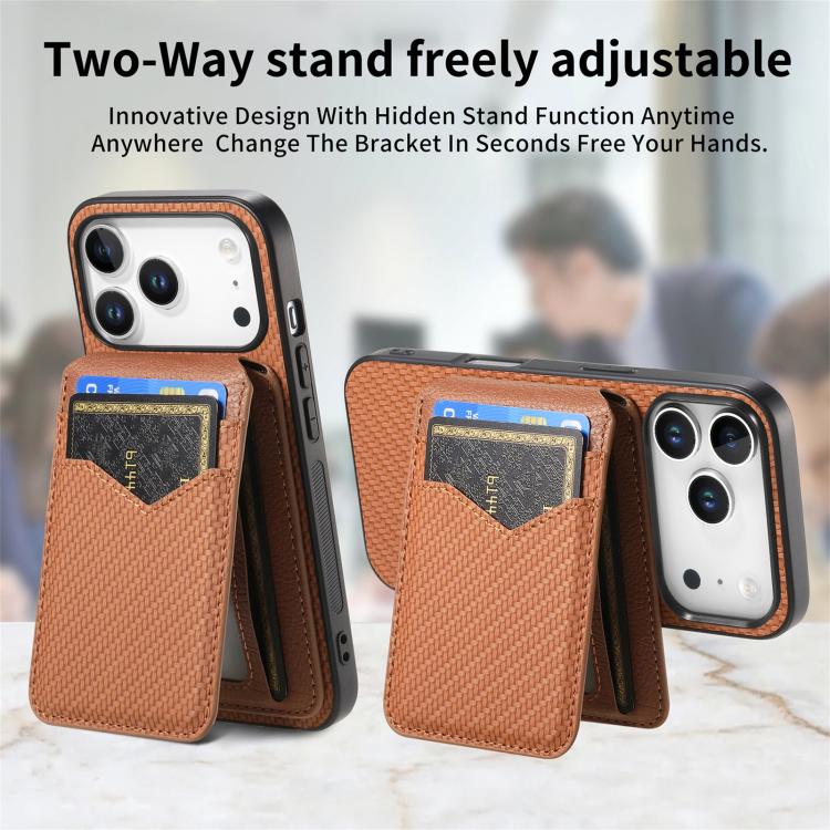 For iPhone 17 Pro Carbon Fiber MagSafe Vertical Flip Card Bag Phone Case(Brown) - iPhone 17 Pro Cases by buy2fix | Online Shopping UK | buy2fix