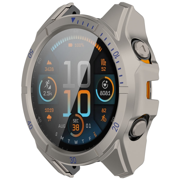 For Garmin Fenix 8 AMOLED 47mm Tempered Glass Film Integrated PC Watch Case(Titanium Blue) - Watch Cases by buy2fix | Online Shopping UK | buy2fix
