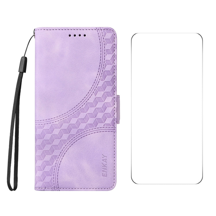 For iPhone 16 Plus ENKAY Embossed Rhombus Starry Leather Phone Case with Screen Film(Purple) by ENKAY