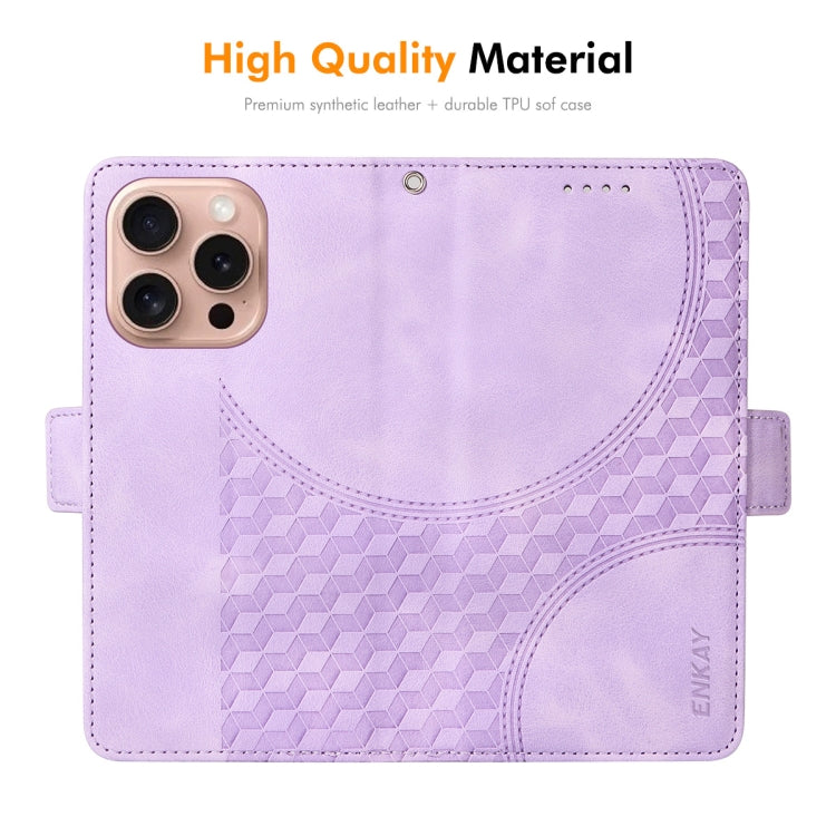 For iPhone 16 Pro Max ENKAY Embossed Rhombus Starry Leather Phone Case with Screen Film(Purple) by ENKAY