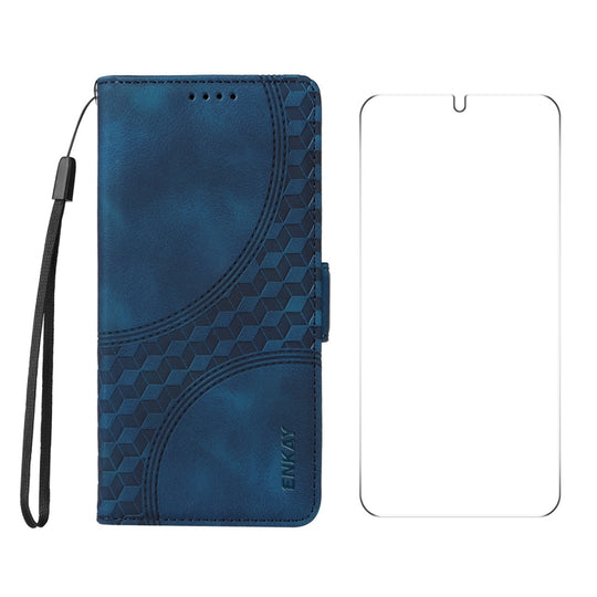 For Samsung Galaxy S25 5G / S24 5G ENKAY Embossed Rhombus Starry Leather Phone Case with Screen Film(Blue)