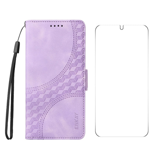 For Samsung Galaxy S25 5G / S24 5G ENKAY Embossed Rhombus Starry Leather Phone Case with Screen Film(Purple)