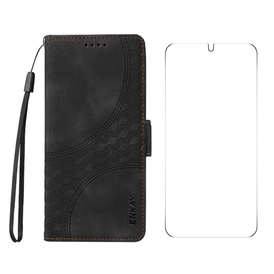 For Samsung Galaxy S25+ / S24+ 5G ENKAY Embossed Rhombus Starry Leather Phone Case with Screen Film(Black)