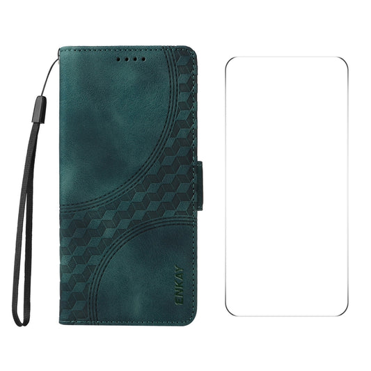 For OPPO Reno12 F 4G Global ENKAY Embossed Rhombus Starry Leather Phone Case with Screen Film(Green) - Reno12 F Cases by ENKAY | Online Shopping UK | buy2fix