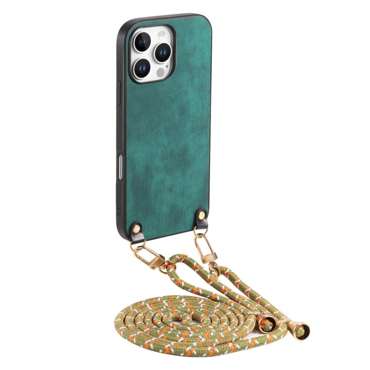For iPhone 16 Pro Vintage Leather PC Back Cover Phone Case with Crossbody Strap(Green) by buy2fix
