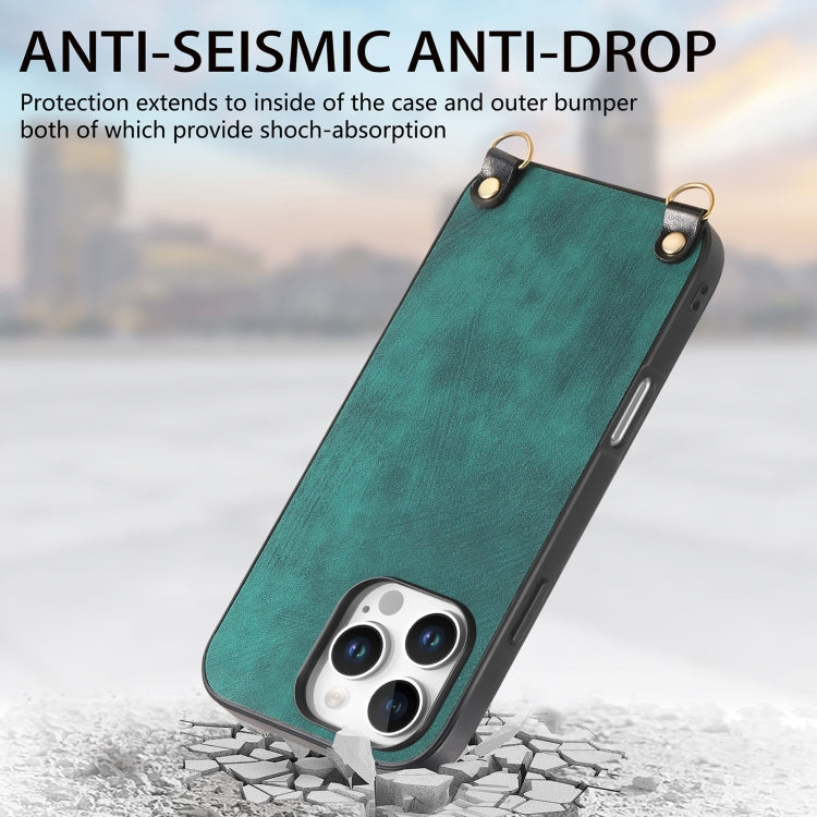 For iPhone 16 Pro Vintage Leather PC Back Cover Phone Case with Crossbody Strap(Green) by buy2fix