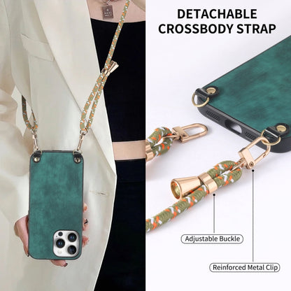 For iPhone 16 Pro Vintage Leather PC Back Cover Phone Case with Crossbody Strap(Green) by buy2fix