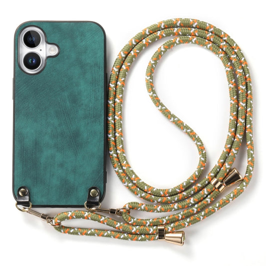 For iPhone 16 Vintage Leather PC Back Cover Phone Case with Crossbody Strap(Green) by buy2fix