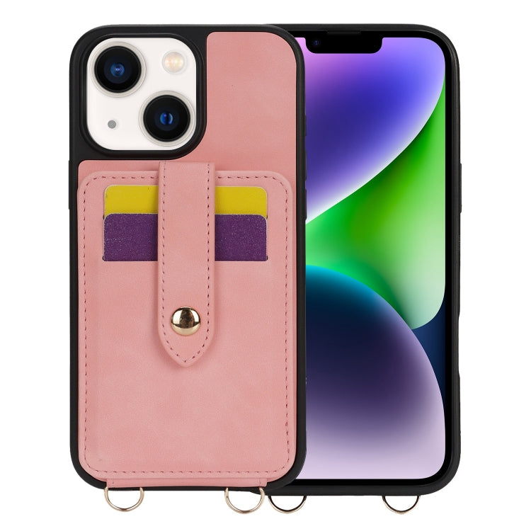 For iPhone 14 Plus Crossbody Skin Card Bag Lanyard Phone Case(Pink) - iPhone 14 Plus Cases by buy2fix | Online Shopping UK | buy2fix