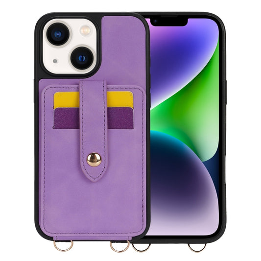 For iPhone 14 Plus Crossbody Skin Card Bag Lanyard Phone Case(Purple) - iPhone 14 Plus Cases by buy2fix | Online Shopping UK | buy2fix