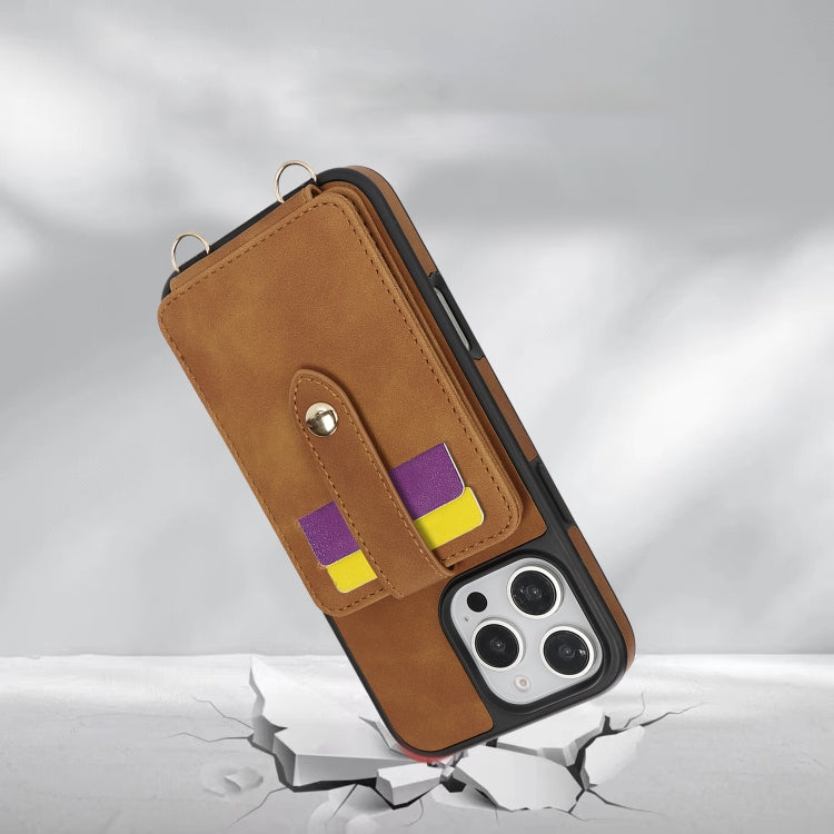For iPhone 14 Plus Crossbody Skin Card Bag Lanyard Phone Case(Brown) - iPhone 14 Plus Cases by buy2fix | Online Shopping UK | buy2fix