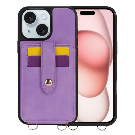 For iPhone 15 Crossbody Skin Card Bag Lanyard Phone Case(Purple) - iPhone 15 Cases by buy2fix | Online Shopping UK | buy2fix