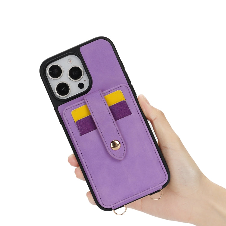 For iPhone 15 Plus Crossbody Skin Card Bag Lanyard Phone Case(Purple) - iPhone 15 Plus Cases by buy2fix | Online Shopping UK | buy2fix