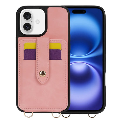 For iPhone 16 Plus Crossbody Skin Card Bag Lanyard Phone Case(Pink) by buy2fix