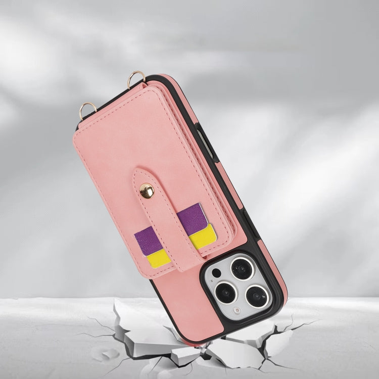 For iPhone 16 Plus Crossbody Skin Card Bag Lanyard Phone Case(Pink) by buy2fix