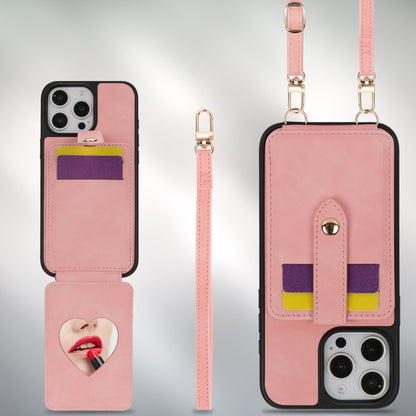 For iPhone 16 Plus Crossbody Skin Card Bag Lanyard Phone Case(Pink) by buy2fix