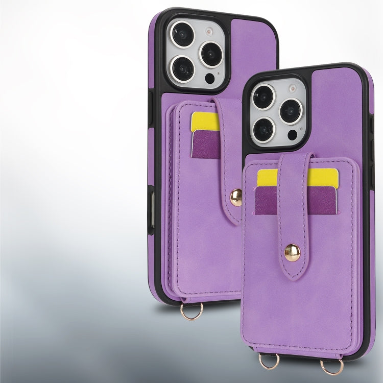 For iPhone 16 Plus Crossbody Skin Card Bag Lanyard Phone Case(Purple) by buy2fix