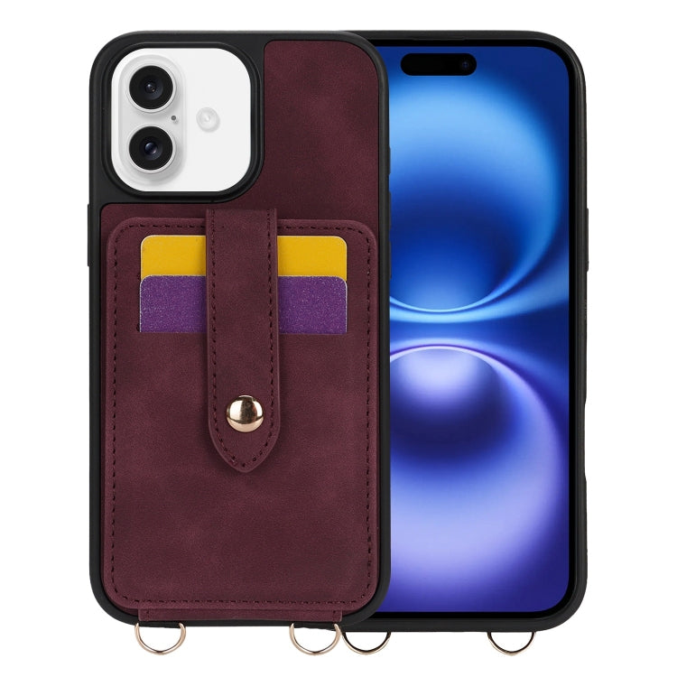 For iPhone 16 Plus Crossbody Skin Card Bag Lanyard Phone Case(Red) by buy2fix