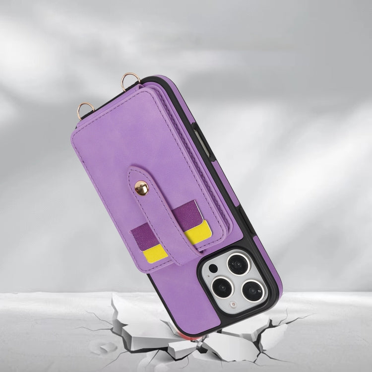 For iPhone 16 Crossbody Skin Card Bag Lanyard Phone Case(Purple) by buy2fix