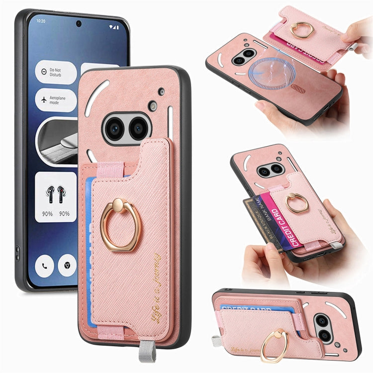 For Nothing CMF Phone 1 Retro Magsafe Cross Leather Ring Holder Card Bag Phone Case(Pink) - Nothing Cases by buy2fix | Online Shopping UK | buy2fix