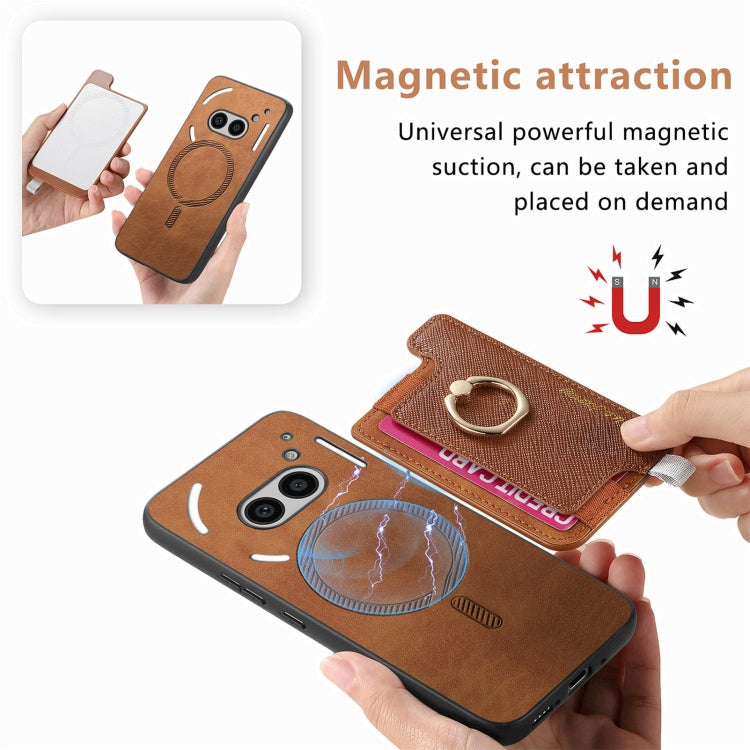 For Nothing CMF Phone 1 Retro Magsafe Cross Leather Ring Holder Card Bag Phone Case(Brown) - Nothing Cases by buy2fix | Online Shopping UK | buy2fix