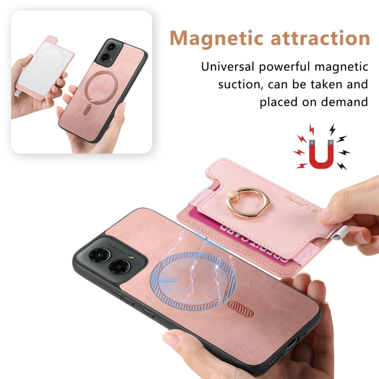 For Motorola Moto G 5G 2024 Retro Magsafe Cross Leather Ring Holder Card Bag Phone Case(Pink) by buy2fix