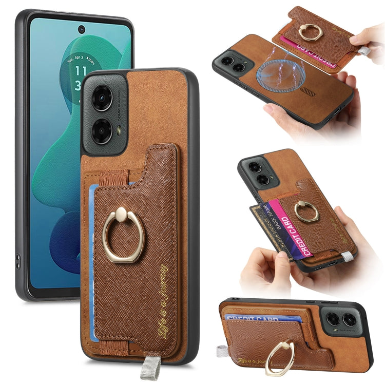 For Motorola Moto G 5G 2024 Retro Magsafe Cross Leather Ring Holder Card Bag Phone Case(Brown) by buy2fix
