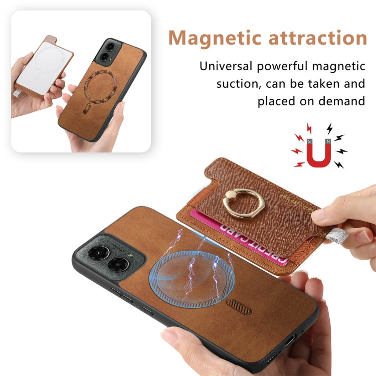 For Motorola Moto G 5G 2024 Retro Magsafe Cross Leather Ring Holder Card Bag Phone Case(Brown) by buy2fix