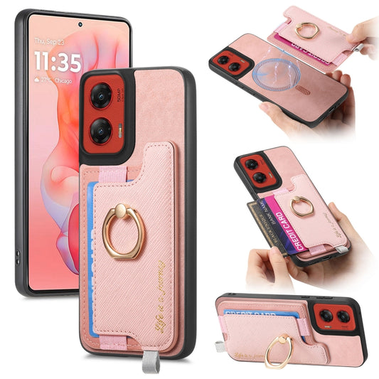 For Motorola Moto G Stylus 5G 2024 Retro Magsafe Cross Leather Ring Holder Card Bag Phone Case(Pink) - Motorola Cases by buy2fix | Online Shopping UK | buy2fix