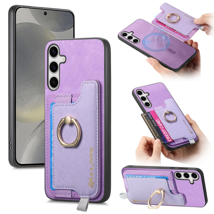 For Samsung Galaxy S25 5G Retro Cross Leather Ring Horizontal Insert Card Bag MagSafe Phone Case(Purple) - Galaxy S25 5G Cases by buy2fix | Online Shopping UK | buy2fix