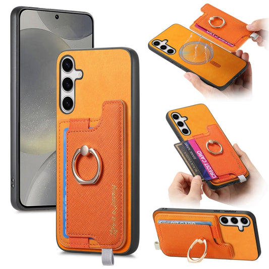 For Samsung Galaxy S25+ 5G Retro Cross Leather Ring Horizontal Insert Card Bag MagSafe Phone Case(Yellow) by buy2fix