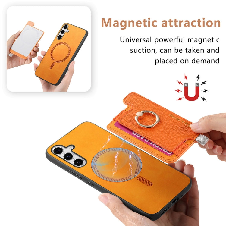 For Samsung Galaxy S25+ 5G Retro Cross Leather Ring Horizontal Insert Card Bag MagSafe Phone Case(Yellow) by buy2fix