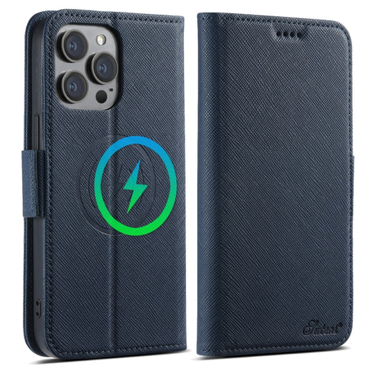 For iPhone 14 Suteni J08 Multifunctional Cross Texture MagSafe Leather Phone Case(Blue) - iPhone 14 Cases by Suteni | Online Shopping UK | buy2fix