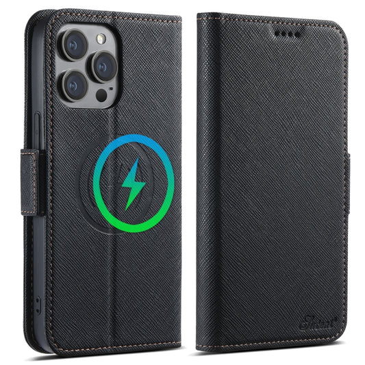 For iPhone 14 Pro Suteni J08 Multifunctional Cross Texture MagSafe Leather Phone Case(Black) - iPhone 14 Pro Cases by Suteni | Online Shopping UK | buy2fix